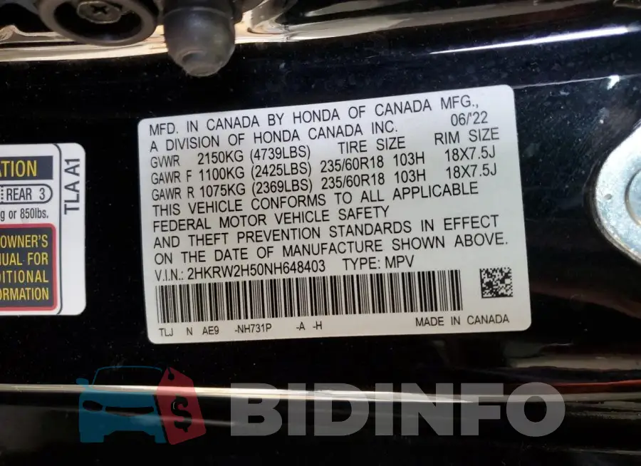 2HKRW2H50NH648403 Photo# 13