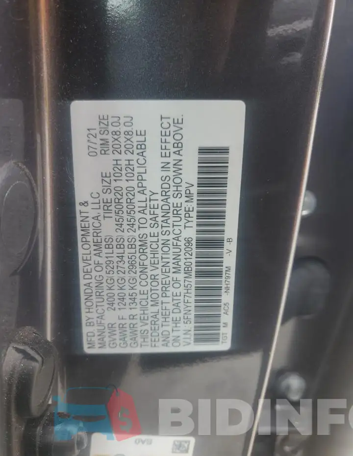 5FNYF7H57MB012096 Photo# 13