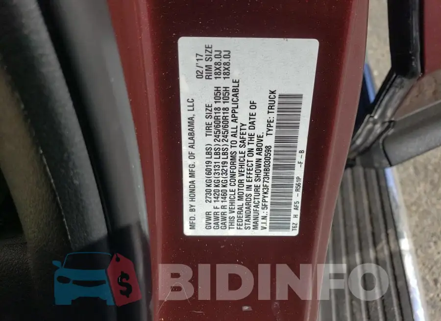 5FPYK3F73HB030598 Photo# 13