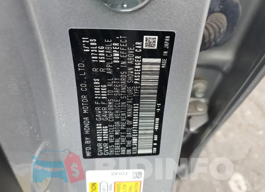 JHMFE1F76NX003603 Photo# 12