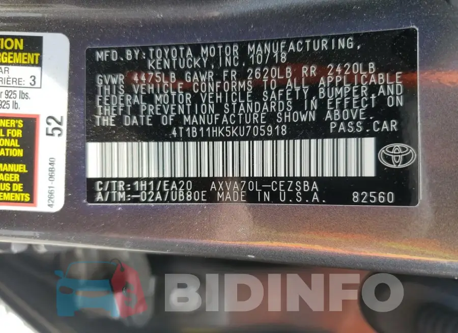 4T1B11HK5KU705918 Photo# 12