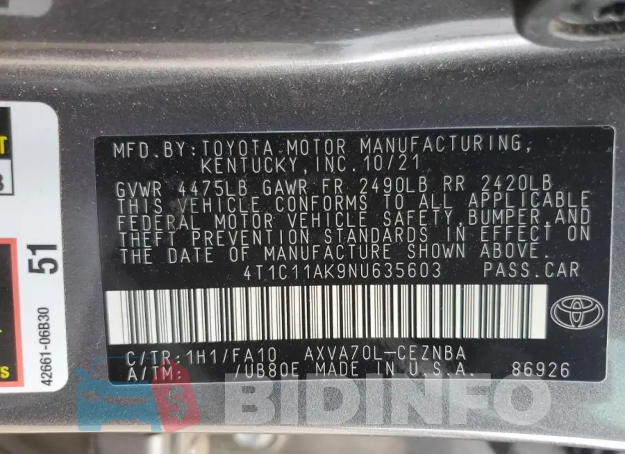 4T1C11AK9NU635603 Photo# 12