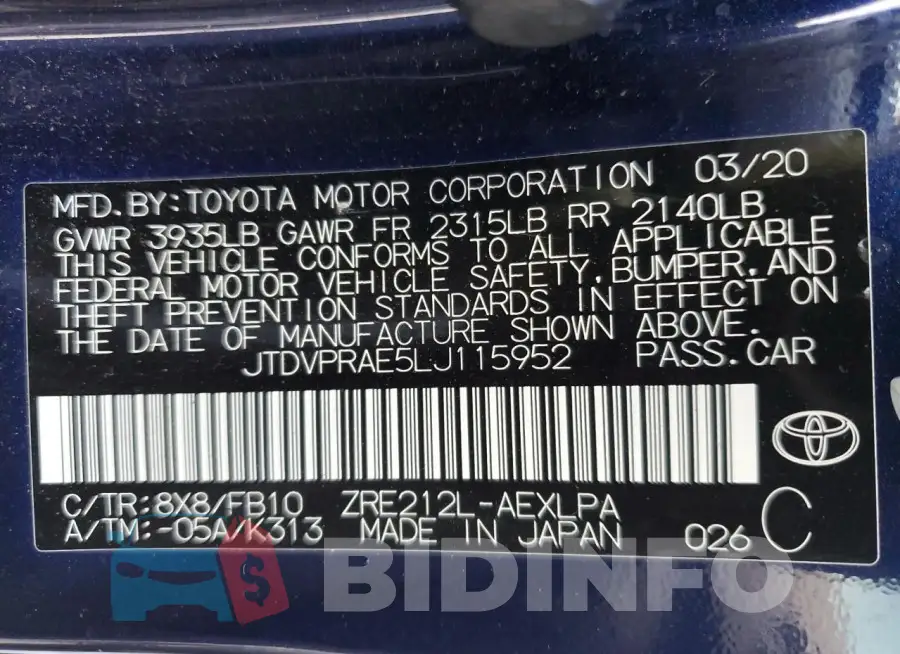JTDVPRAE5LJ115952 Photo# 13