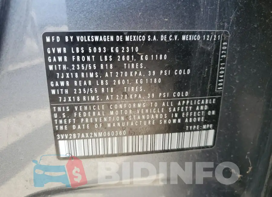 3VV2B7AX2NM060360 Photo# 14
