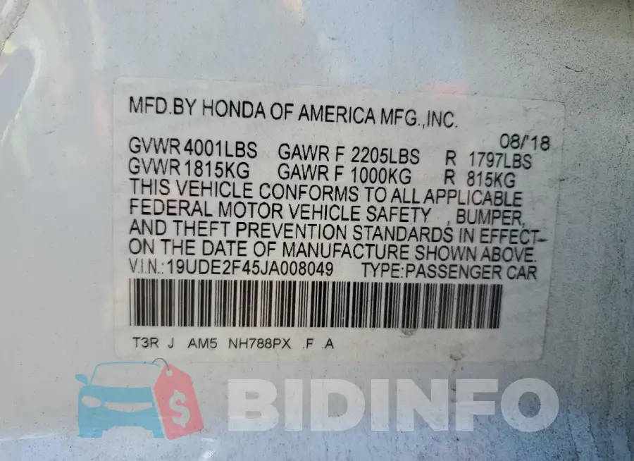 19UDE2F45JA008049 Photo# 13