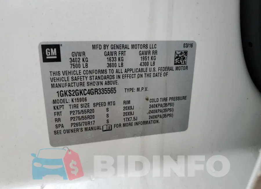 1GKS2GKC4GR335565 Photo# 13