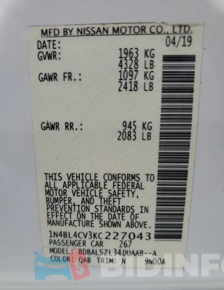 1N4BL4CV3KC227043 Photo# 13