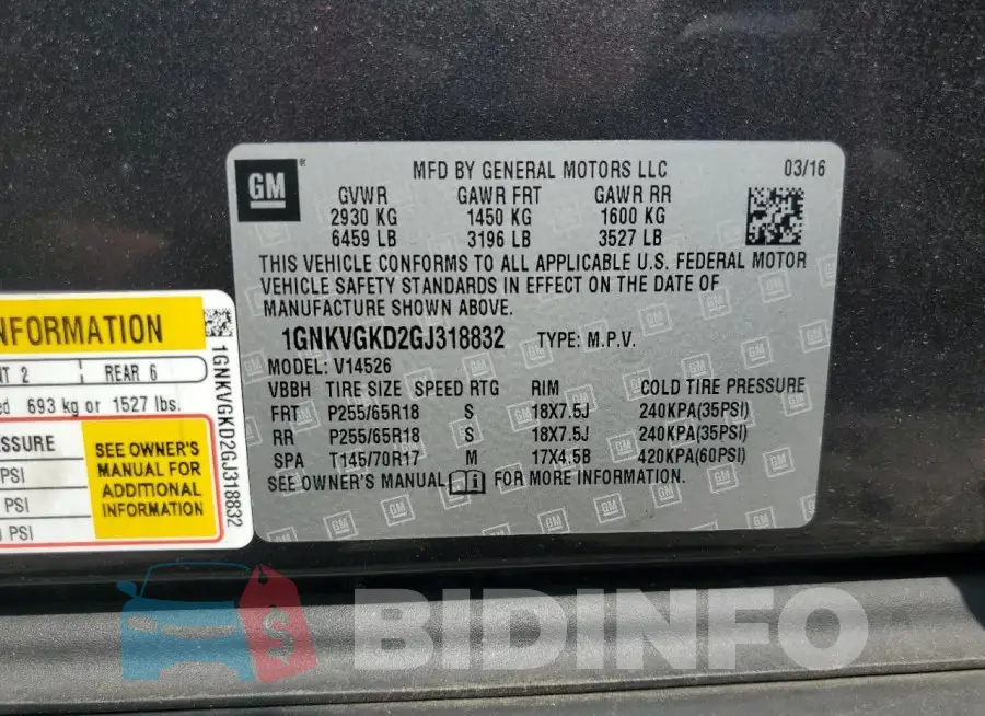 1GNKVGKD2GJ318832 Photo# 13