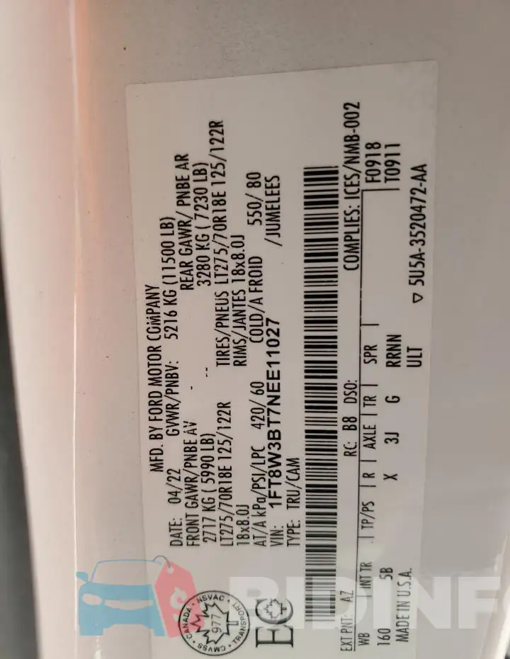 1FT8W3BT7NEE11027 Photo# 12