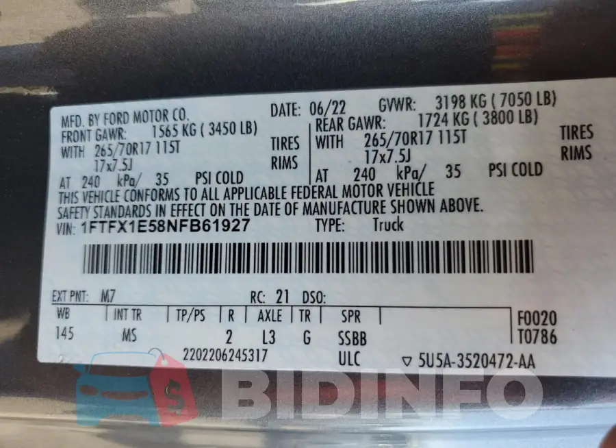 1FTFX1E58NFB61927 Photo# 12