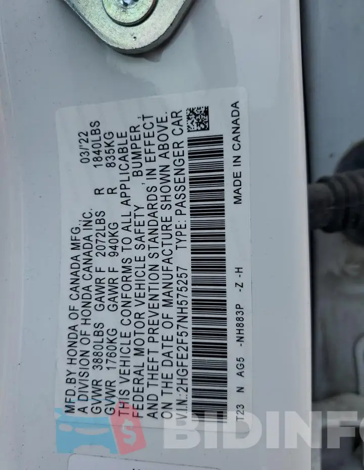 2HGFE2F57NH575257 Photo# 13