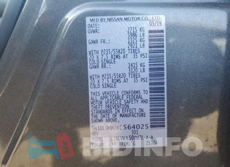 5N1DL0MM2KC564025 Photo# 14