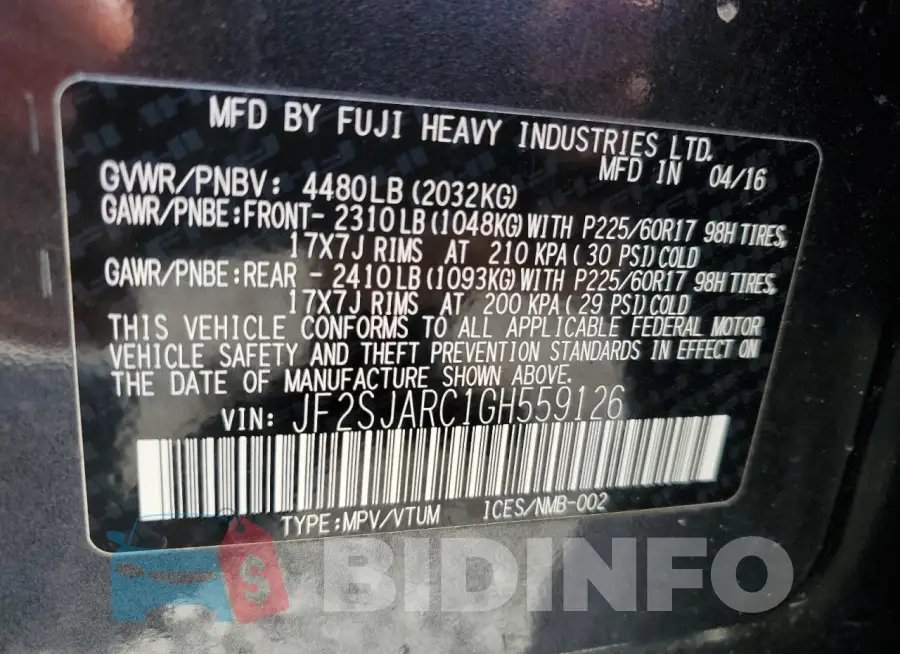 JF2SJARC1GH559126 Photo# 13