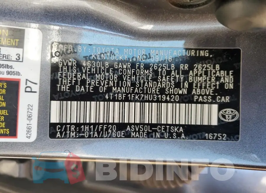 4T1BF1FK7HU319420 Photo# 12