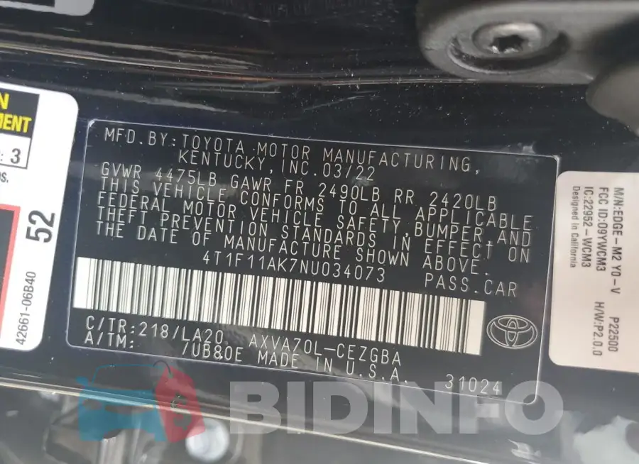 4T1F11AK7NU034073 Photo# 12