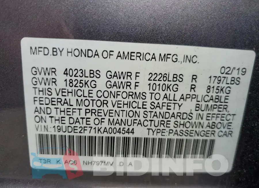 19UDE2F71KA004544 Photo# 12