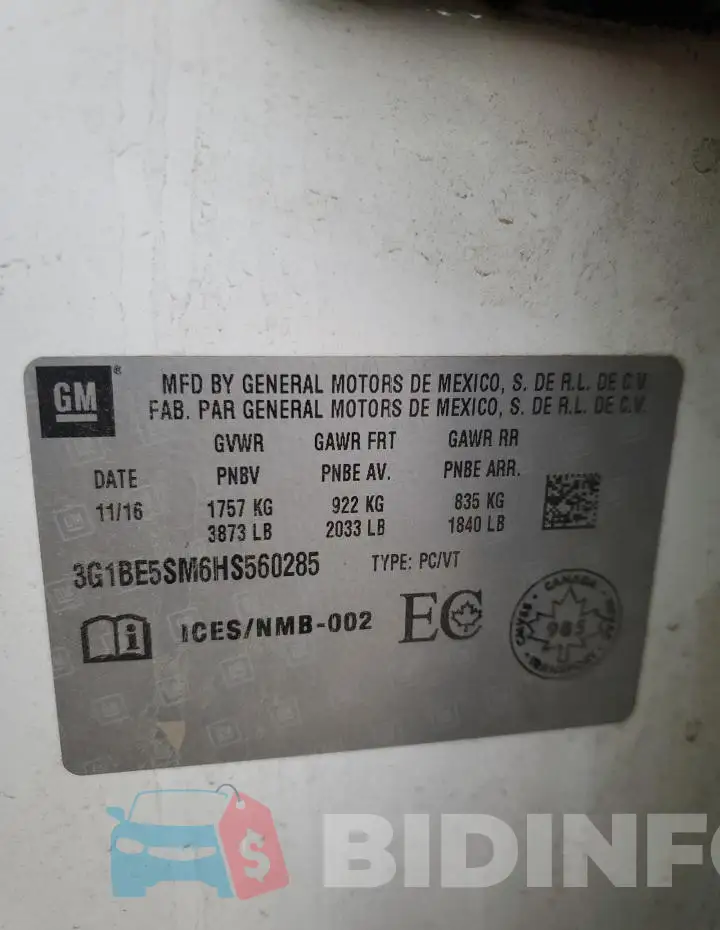 3G1BE5SM6HS560285 Photo# 12