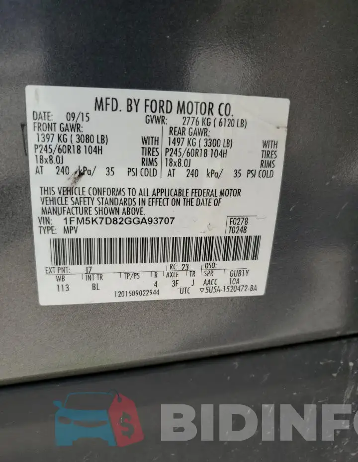 1FM5K7D82GGA93707 Photo# 13