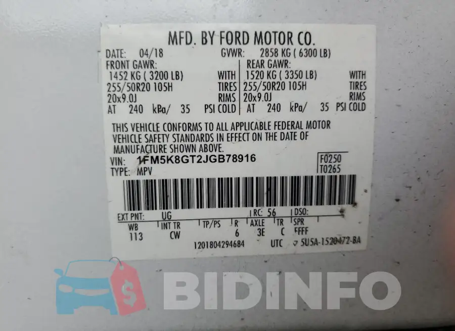 1FM5K8GT2JGB78916 Photo# 13
