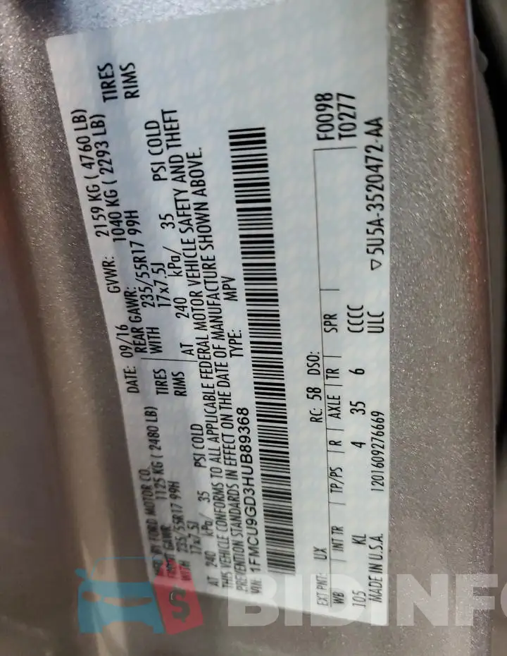 1FMCU9GD3HUB89368 Photo# 13