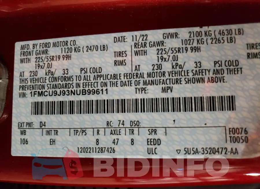 1FMCU9J93NUB99611 Photo# 14