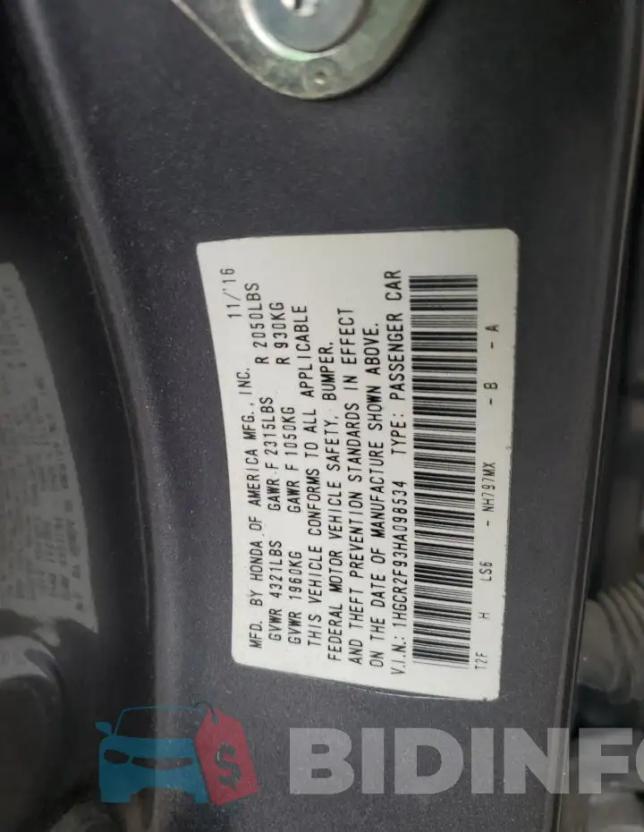 1HGCR2F93HA098534 Photo# 12