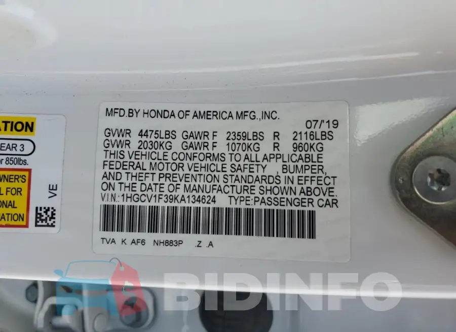 1HGCV1F39KA134624 Photo# 13