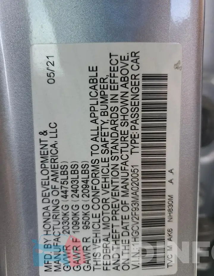 1HGCV2F93MA020051 Photo# 12