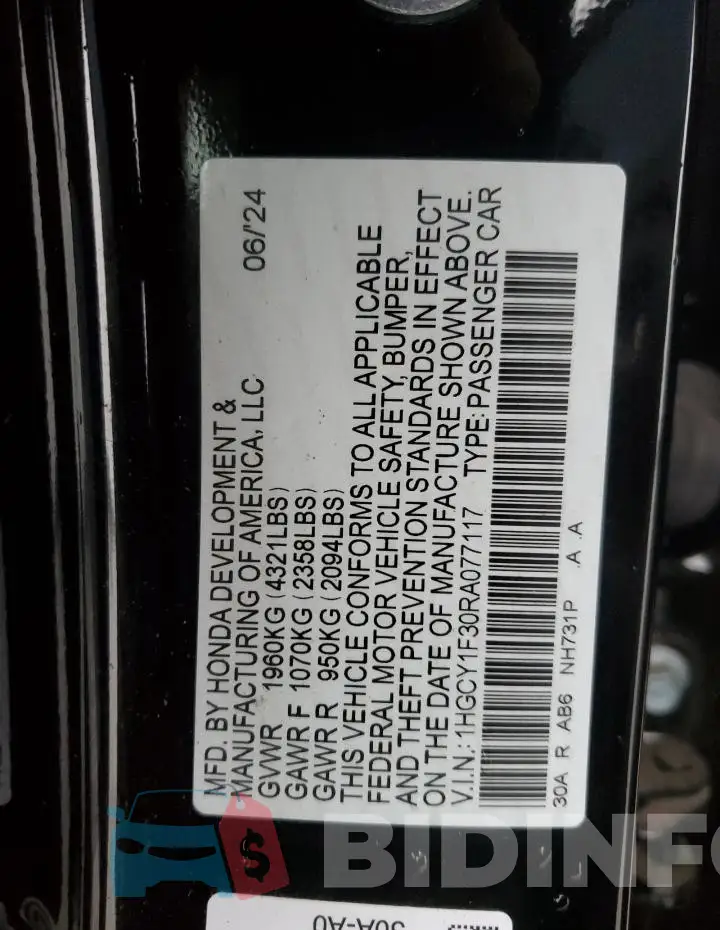 1HGCY1F30RA077117 Photo# 12