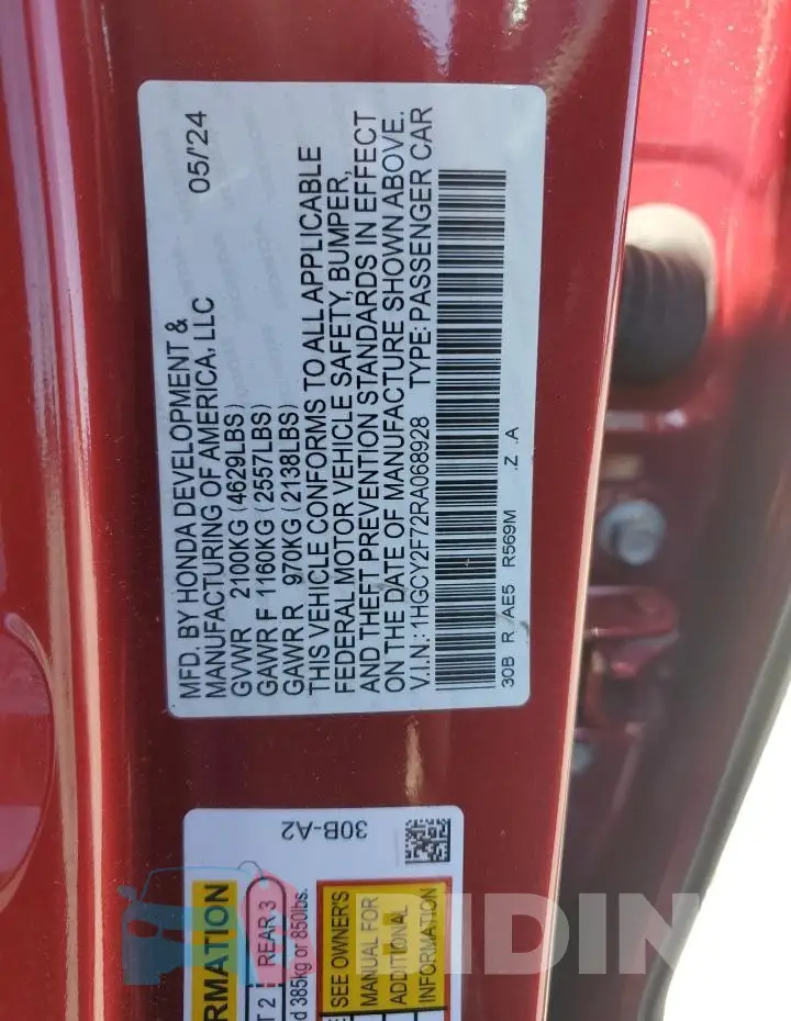 1HGCY2F72RA068928 Photo# 12
