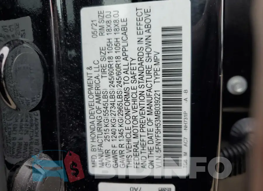 5FNYF5H53MB039221 Photo# 14