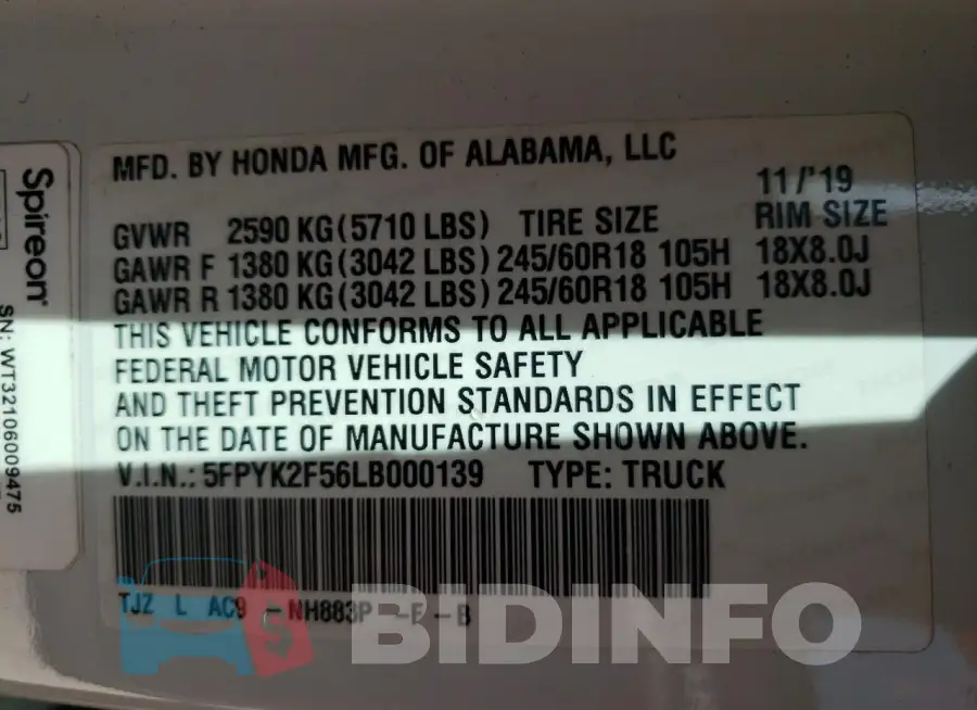 5FPYK2F56LB000139 Photo# 13