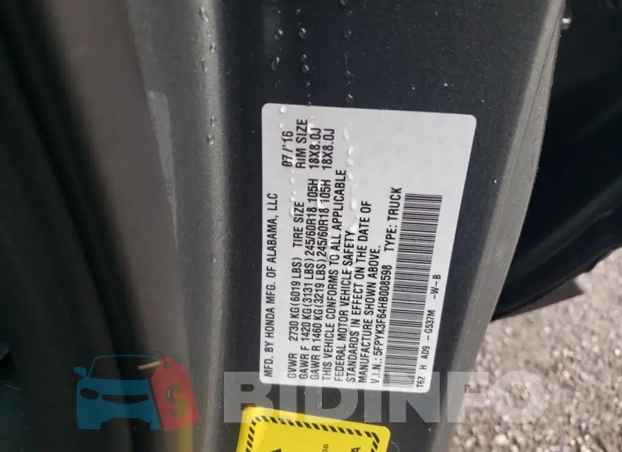 5FPYK3F64HB008598 Photo# 12