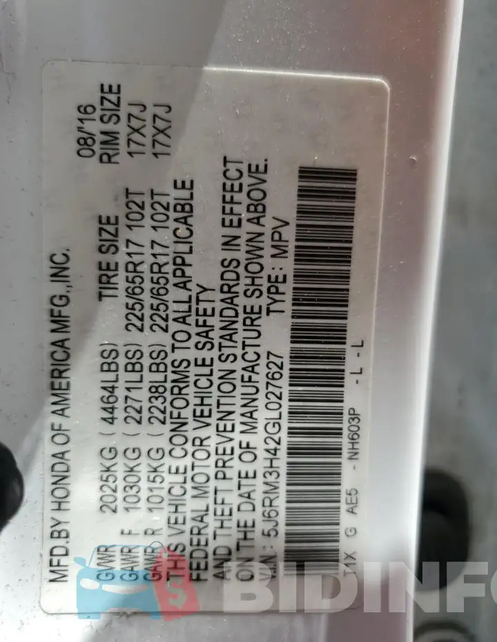5J6RM3H42GL027627 Photo# 13