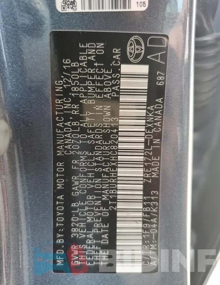 2T1BURHEXHC820413 Photo# 12