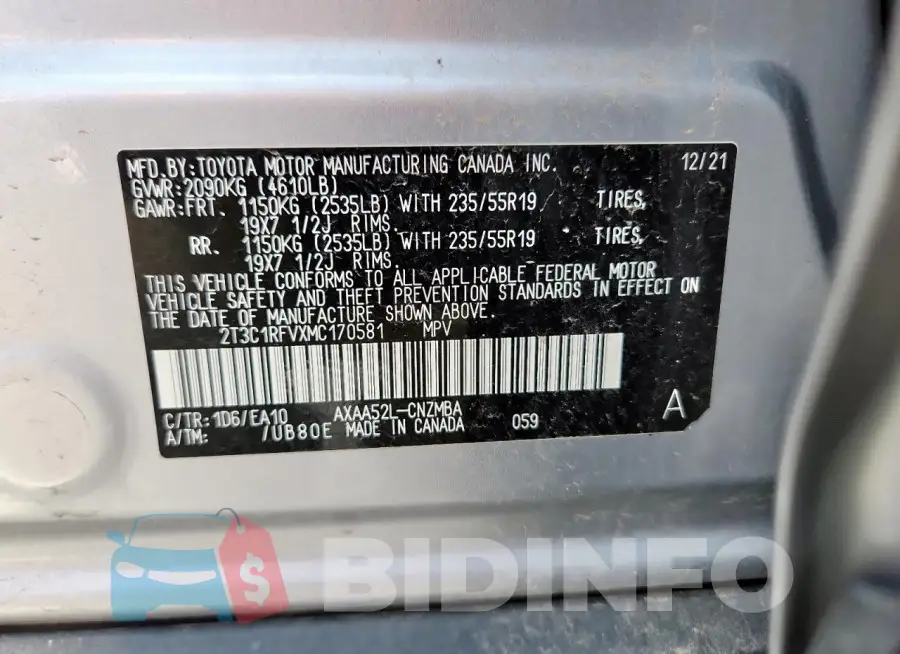 2T3C1RFVXMC170581 Photo# 14