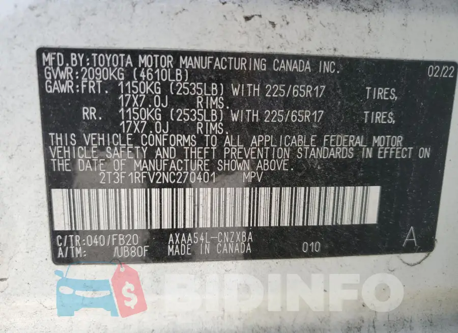 2T3F1RFV2NC270401 Photo# 13