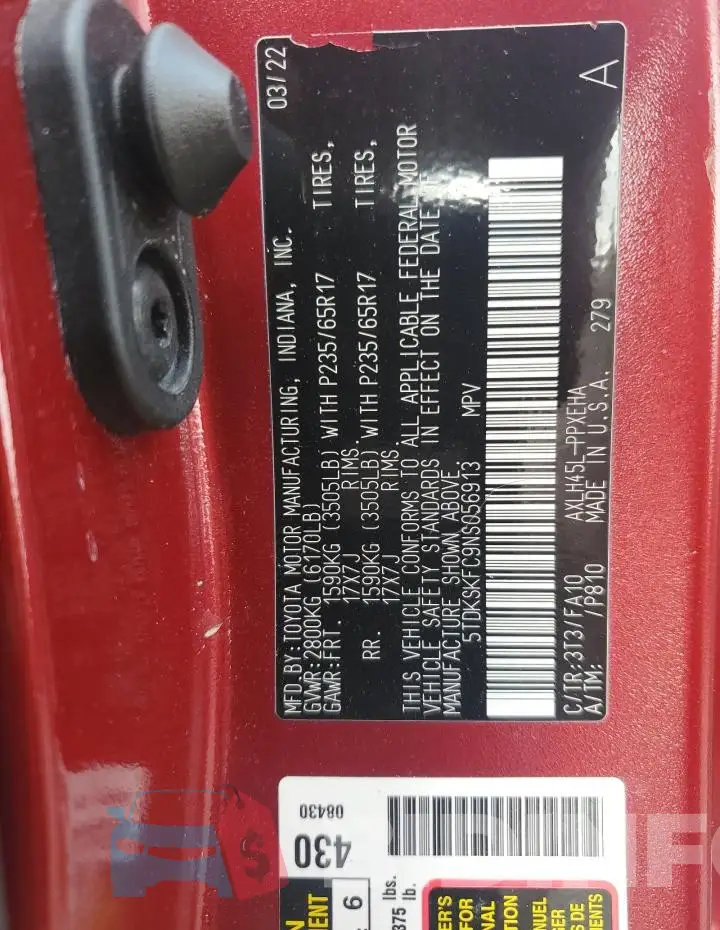 5TDKSKFC9NS056913 Photo# 14