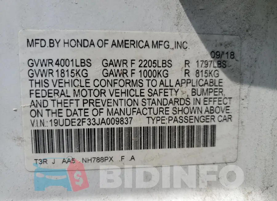 19UDE2F33JA009837 Photo# 13