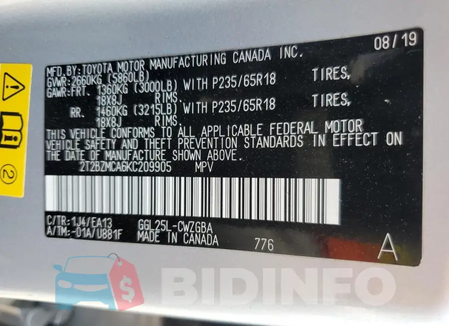 2T2BZMCA6KC209905 Photo# 14