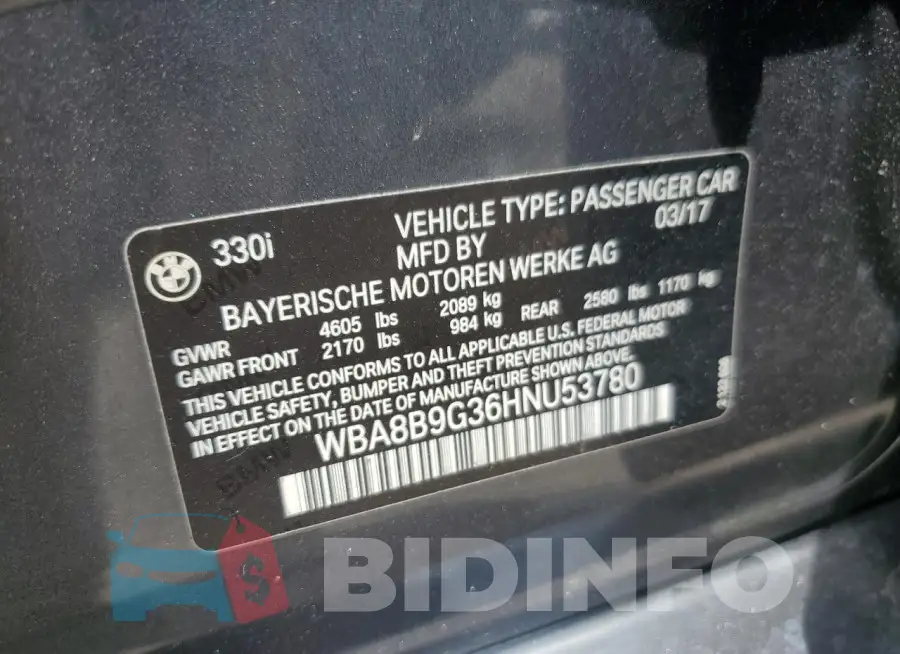 WBA8B9G36HNU53780 Photo# 12