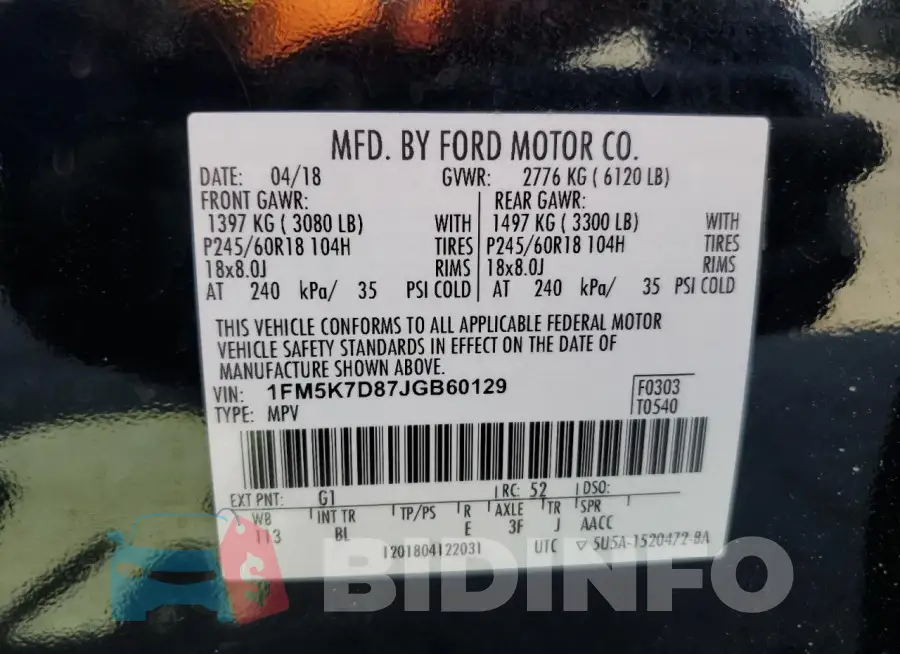 1FM5K7D87JGB60129 Photo# 14