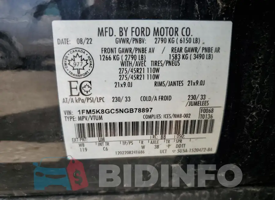 1FM5K8GC5NGB78897 Photo# 13