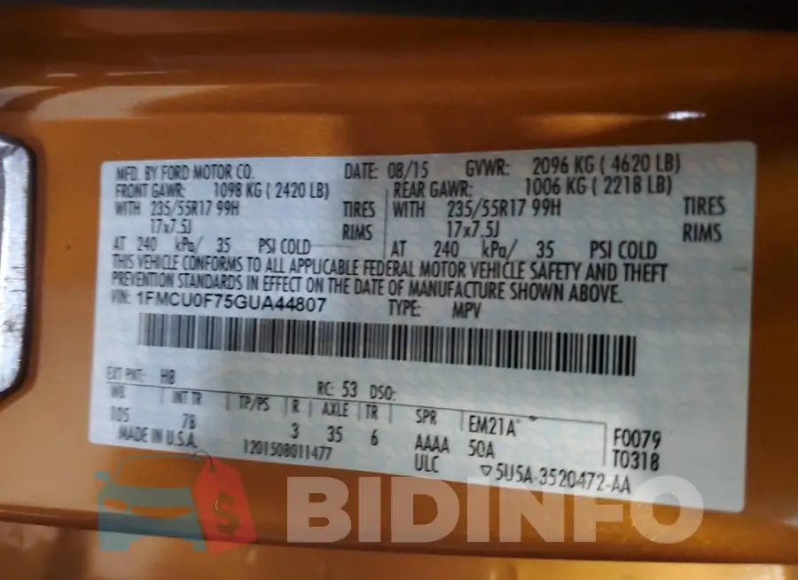 1FMCU0F75GUA44807 Photo# 14
