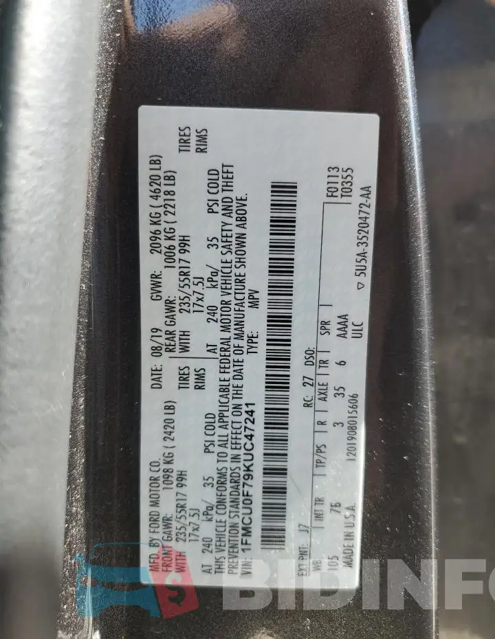 1FMCU0F79KUC47241 Photo# 13