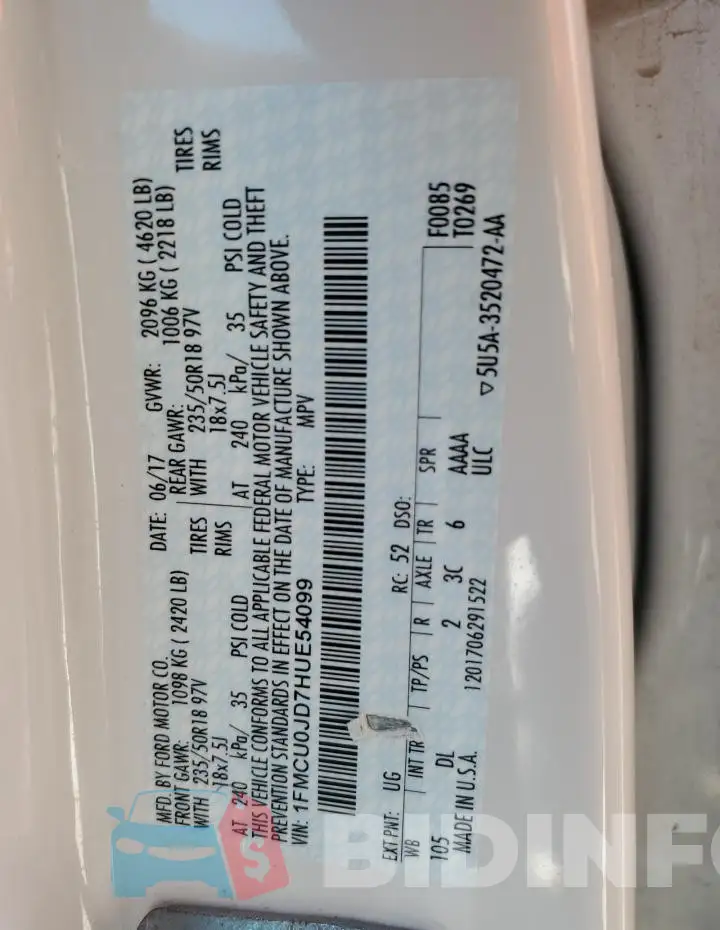 1FMCU0JD7HUE54099 Photo# 13