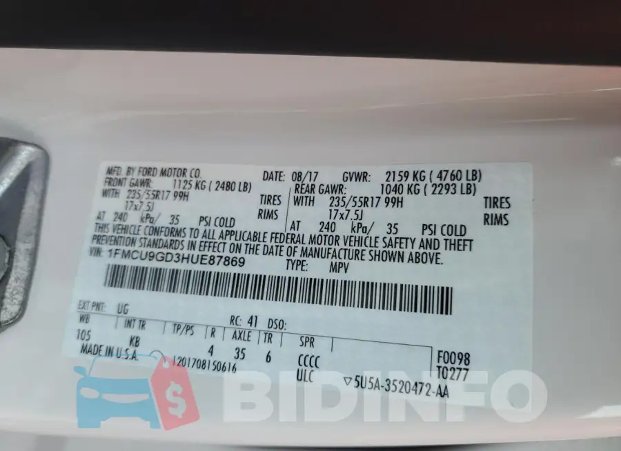 1FMCU9GD3HUE87869 Photo# 13