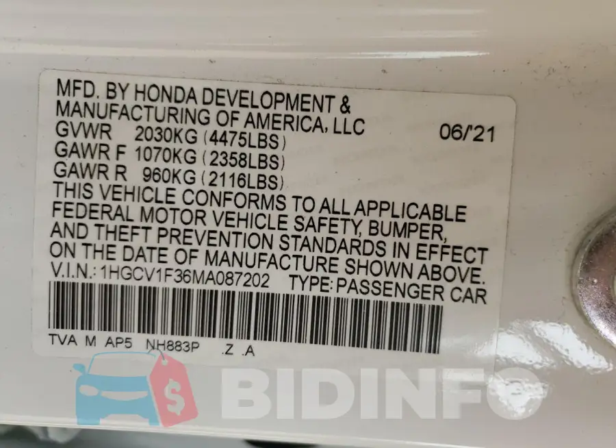 1HGCV1F36MA087202 Photo# 12