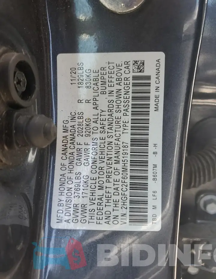 2HGFC2F60MH519187 Photo# 12