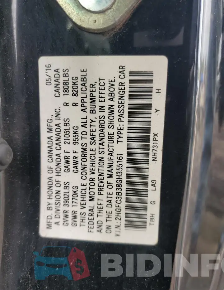 2HGFC3B38GH355161 Photo# 12